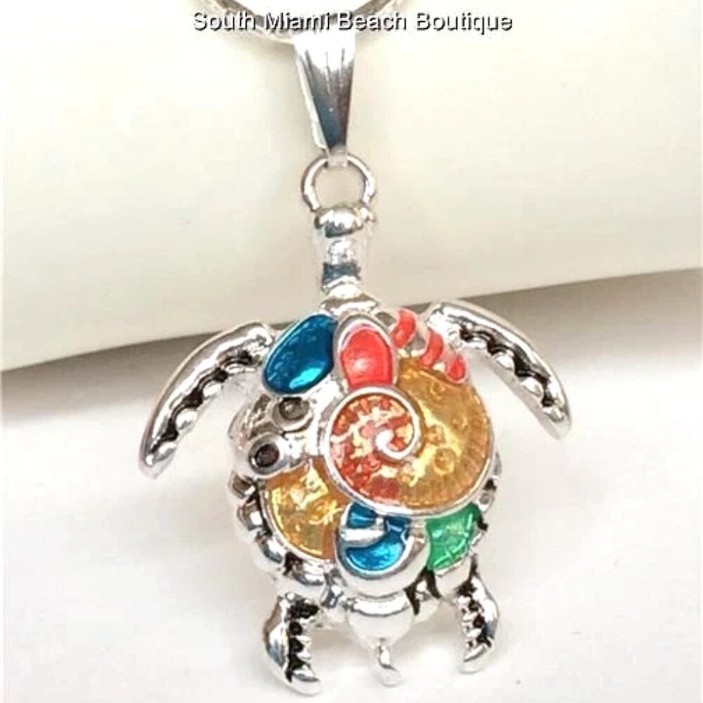 Silver Sea Turtle Necklace 18" Multicolor Colorful Enamel Nautical Island Beach